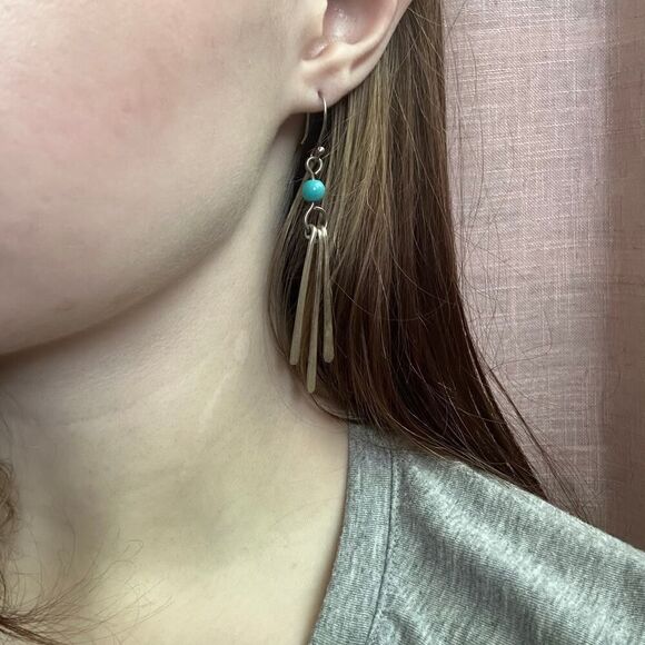 Vintage HOB MEXICO Sterling Silver Paddle Drop Turquoise Bead Dangle Earrings 3” - Picture 7 of 7